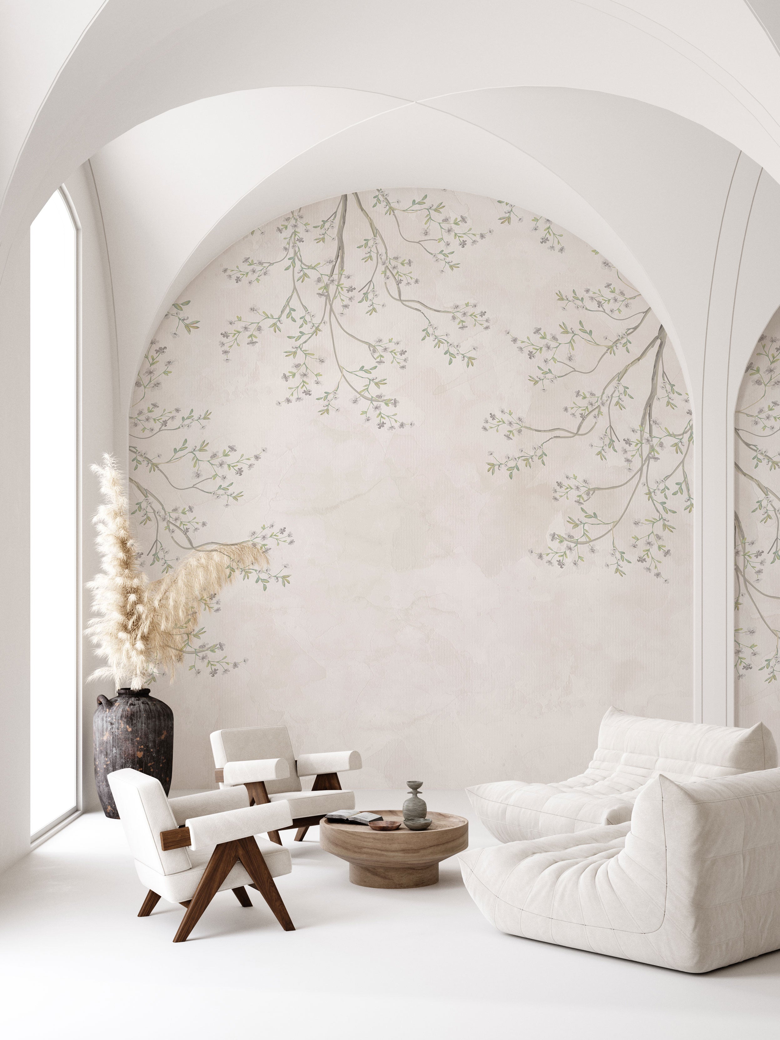 Decorative mural wallpaper in an elegant residential dining room